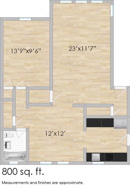 Floor plan for 1 bed, 1 bath, 775 sqft